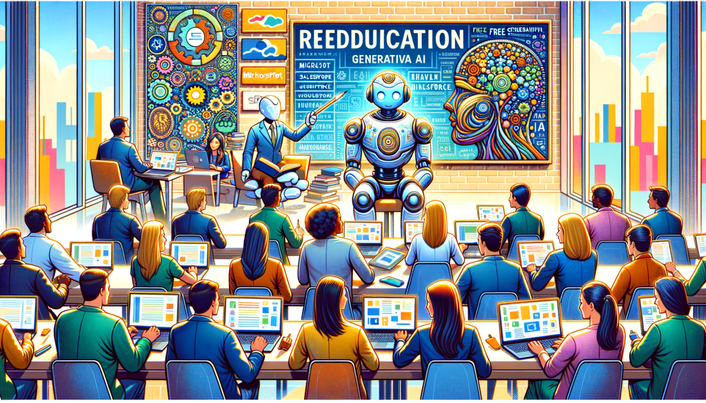 Depict an uplifting 3:2 aspect ratio illustration reflecting the reeducation in generative AI for professionals from diverse fields. Show a pleasant environment with an assembly of people from different descents and genders engrossed in learning with laptops and books. Amidst them, place a friendly-looking, highly advanced robot assistant helping learners garner generative AI skills. Visualize a symbolic board displaying company names like 'Microsoft' and 'Salesforce' along with universities like 'MIT' and 'Stanford', offering free AI training. Keep the art style vibrant and positive, capturing the essence of an engaging learning environment.