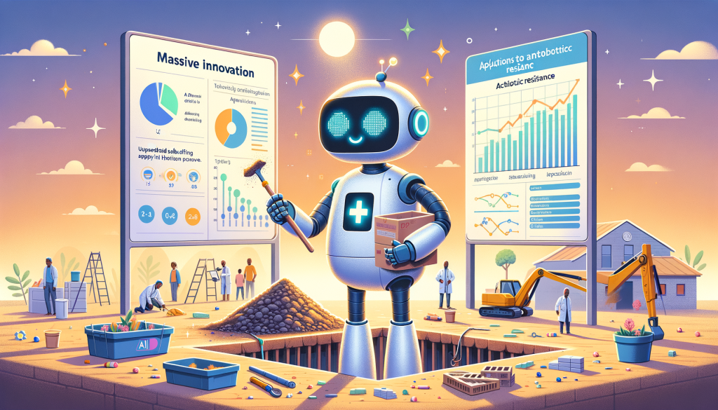 Create an illustration in a positive and light style featuring a robot assistant character. The scene should be set in 2024, capturing the onset of a massive innovation wave, symbolizing the future of AI. The robot is busy laying foundations, symbolizing the upcoming technology boom. Charts and graphs visualizing AI adoption progress in the U.S.and Africa are seen in the background, indicating the bridging of the digital divide. The robot also holds a digital tool it didn't use, a nod to the unexpected complexities of applying AI. The robot proudly presents a screen displaying solutions to antibiotic resistance, showing AI's potential in health care.
