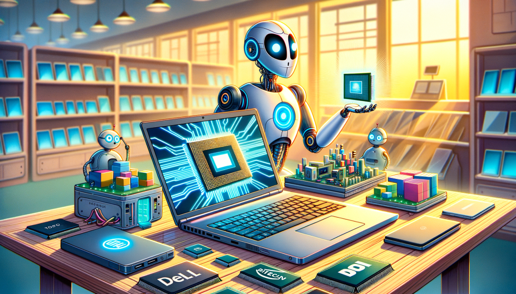 Visualize an illustration in a bright, and uplifting style, inspired by animated movies from the early 2000s. Please showcase the concept of a modern PC equipped with a futuristic chip, dubbed 'Meteor Lake'. This chip enables the PC to perform complex artificial intelligence tasks. Beside the PC, portray a robot assistant demonstrating capabilities of the chip, like transcribing voice notes or creating music. Laptop brands including Dell, Microsoft, and Lenovo are spread around the PC, indicating their support for the new chip. The setting can include a store environment, suggesting the availability of these laptops at major retailers like Best Buy. Do not specifically illustrate any real brands, people, or copyrighted characters.