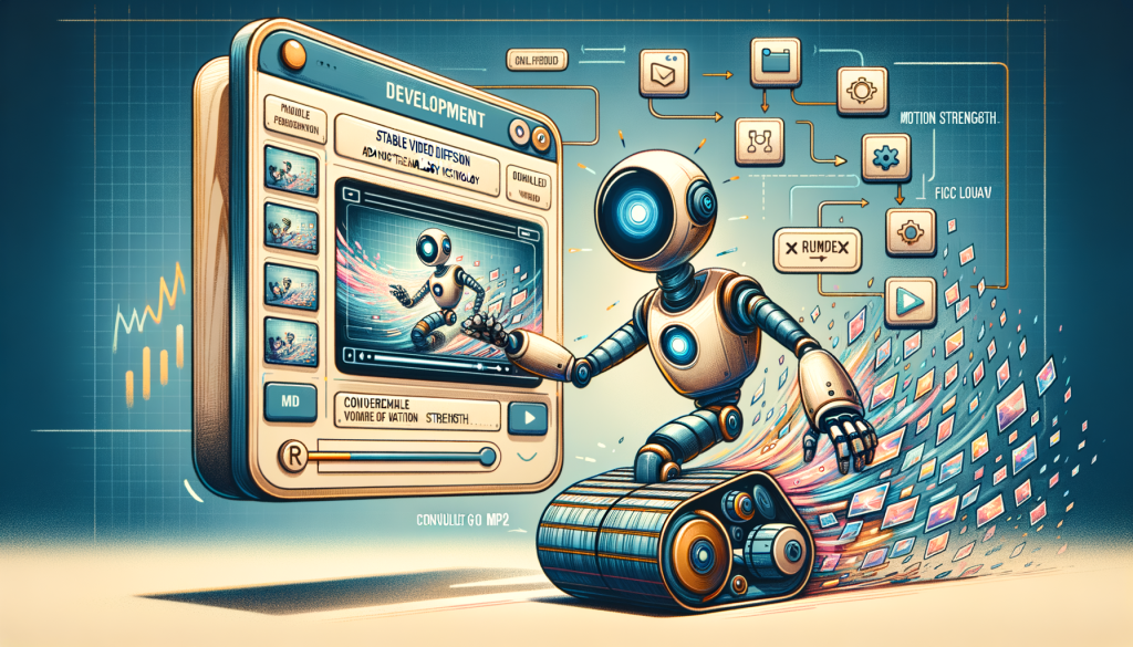Create a vivid, action-filled illustration showcasing an advanced technology development process in a whimsical and friendly manner. Include a robotic assistant operating a digital interface in its hand, projecting the Stable Video Diffusion technology. This 'projected' scene should entail a cascade of frames creating a fluid video. Ensure the robot appears to be in control of variables like motion strength, layout, and resolution. Overlay graphics should include a range of image formats (such as jpg and png thumbnails) converting to MP4. In the background, subtly portray other innovative models tagged with names like 'Stable Diffusion XL'. Keep the style close to 3:2 aspect ratio.