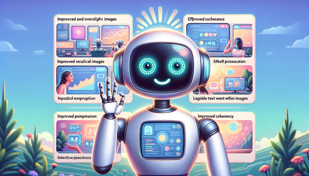 Create a vivid, action-filled illustration showcasing an advanced technology development process in a whimsical and friendly manner. Include a robotic assistant operating a digital interface in its hand, projecting the Stable Video Diffusion technology. This 'projected' scene should entail a cascade of frames creating a fluid video. Ensure the robot appears to be in control of variables like motion strength, layout, and resolution. Overlay graphics should include a range of image formats (such as jpg and png thumbnails) converting to MP4. In the background, subtly portray other innovative models tagged with names like 'Stable Diffusion XL'. Keep the style close to 3:2 aspect ratio.