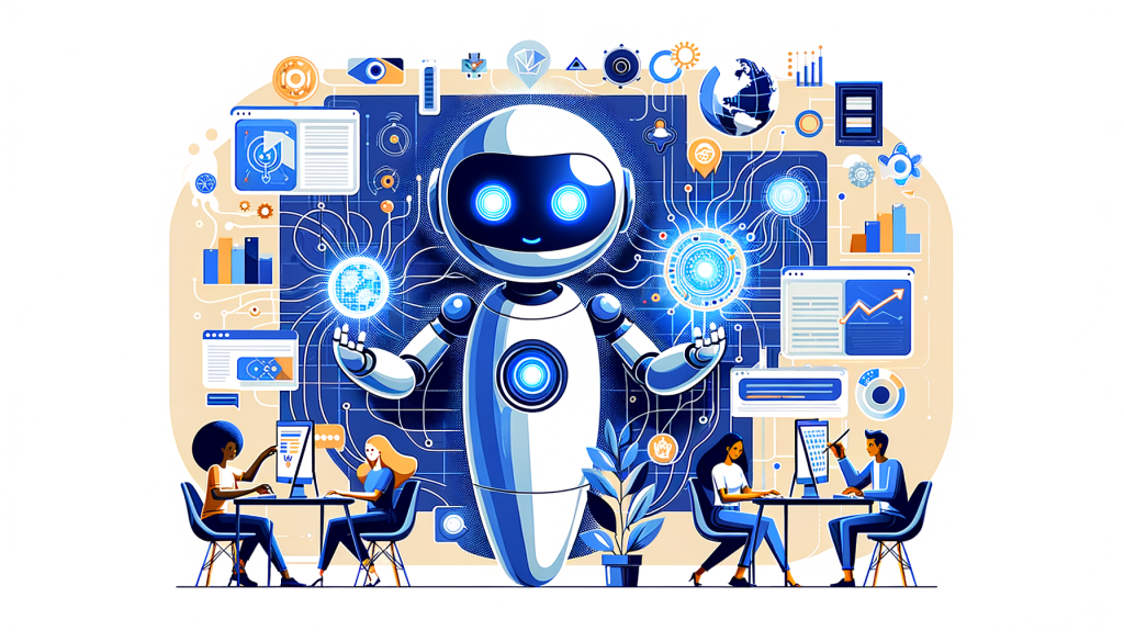 In a positive and light style, provide an illustration representing the concept of harnessing the power of the AI-driven design tool, Midjourney, for innovative website design. The design should be set in a 3:2 aspect ratio. Include a friendly high-tech robot character assisting a variety of web designers, all of different descents - Black, Hispanic, Caucasian, Middle-Eastern, and South Asian - blossoming with creativity and efficiency. Make sure to reflect the transformative impact of the tool, showcasing the boundary-pushing digital aesthetics and the blend of AI's power with human creativity. It should reflect a future where AI assists in crafting digital experiences that are engaging, intuitive, and aesthetically pleasing.