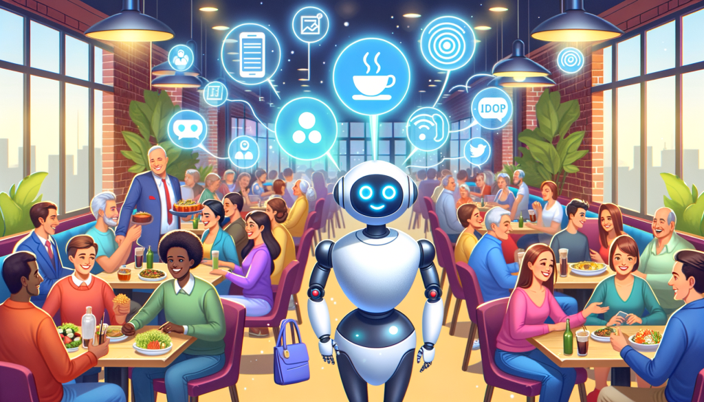 Illustrate a lively and engaging scene set in a restaurant filled with diverse patrons from different demographics. Focus on the futuristic elements, showing how artificial intelligence, represented by a friendly, cartoony robot assistant, is integrated into the restaurant's operations. Show the robot interacting with customers in humorous ways, suggesting new menu items, or handling social media interactions. Also, include subtle visual cues that technology is enhancing the dining experience. The scene should communicate positivity, progress and the potential of AI to revolutionize the restaurant industry in a beneficial way.