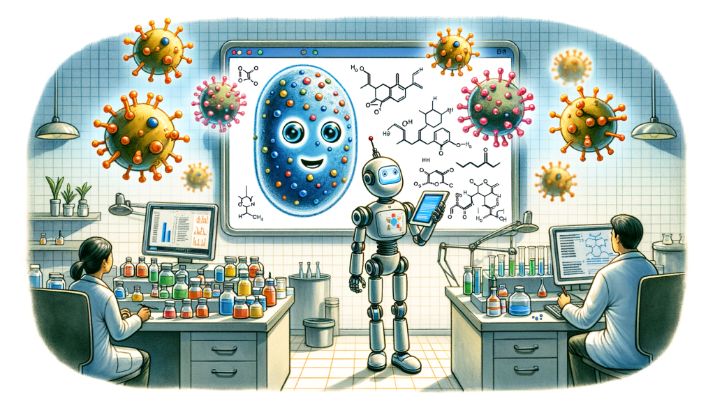 Create an illustration in a 3:2 aspect ratio, drawn in an upbeat and light style, reminiscent of early twentieth-century caricature drawings, primarily using watercolor. The central figure is a personified friendly robot assistant character, embodying artificial intelligence. The robot is studying a big digital screen displaying various structures and names of chemical compounds. Around the robot are hovering 3D images of Staphylococcus aureus bacteria, some of them disintegrating, hinting at successful elimination. Also, subtly hint at the human cells unaffected by the compounds. The scenario unfolds in a modern lab setting, hinting at the critical research work taking place. Make sure the illustration is apt for the article titled, 'Using AI, MIT researchers identify a new class of antibiotic candidates'.