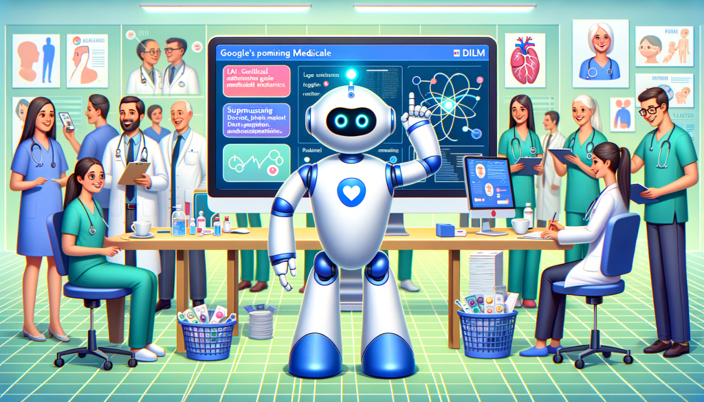 Create an illustration representing the healthcare industry’s application of artificial intelligence. The image should feature a friendly anthropomorphic robot assistant interacting with clinicians, researchers, and patients in a medical setting. The robot is shown aiding in complex medical studies, summarizing doctor-patient interactions, and automating tasks. On a computer screen in the background, representations of large and medium-sized AI models can be seen, along with various medical data. The overall atmosphere should be positive, exhibiting Google's promising AI technology, MedLM. Use a light-hearted, uplifting style to align with the positive tone of the article, and maintain a 3:2 aspect ratio for the image.