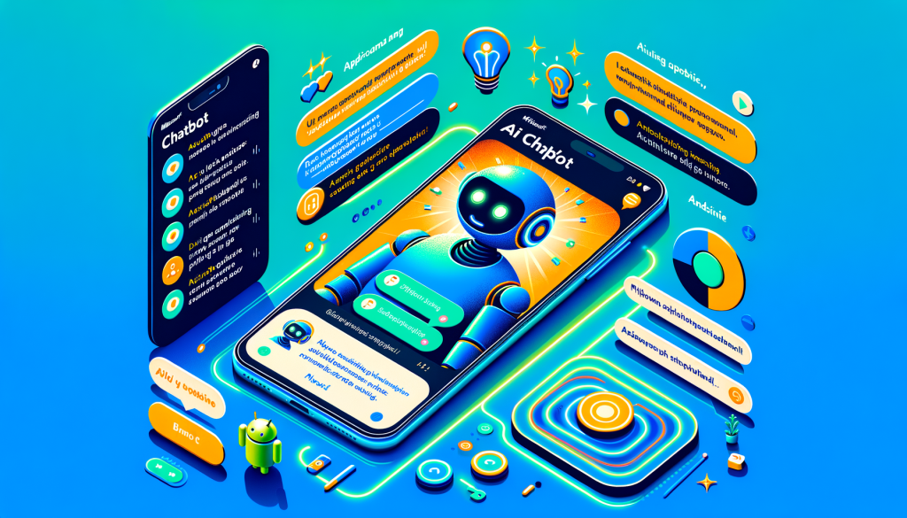 An illustration showcasing Microsoft's AI chatbot app, Copilot, available on the Play Store. The layout should represent a chat interface on an Android smartphone screen with AI-generated messages. Additionally, show it providing appropriate human-like responses and real-time information. Include vibrant graphics indicating its connection to the internet and accessibility. Concentrate on depicting a user-friendly experience with engaging and simplified interactions. Also, incorporate a robot assistant character symbolizing the app. Remember to keep the image positive with a light, animated style similar to popular computer-animated films. The illustration should be in a 3:2 aspect ratio.