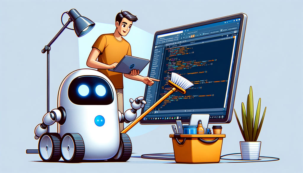 Illustrate a scene within a 3:2 aspect ratio, in a friendly, light-hearted style. Visualize a robotic assistant, resembling a miniature cleaning bot with a high-tech interface, interacting with developers as they navigate programming tasks on a digital interface, potentially an IDE. The interface should reflect elements of Visual Studio's look and feel, such as a code editor, terminal, and debugger. Show the robot providing guidance, perhaps pointing towards certain parts of the code or showing helpful suggestions on its screen. However, be cautious not to include any specific proprietary visuals relating to Pixar, GitHub or other mentioned entities.