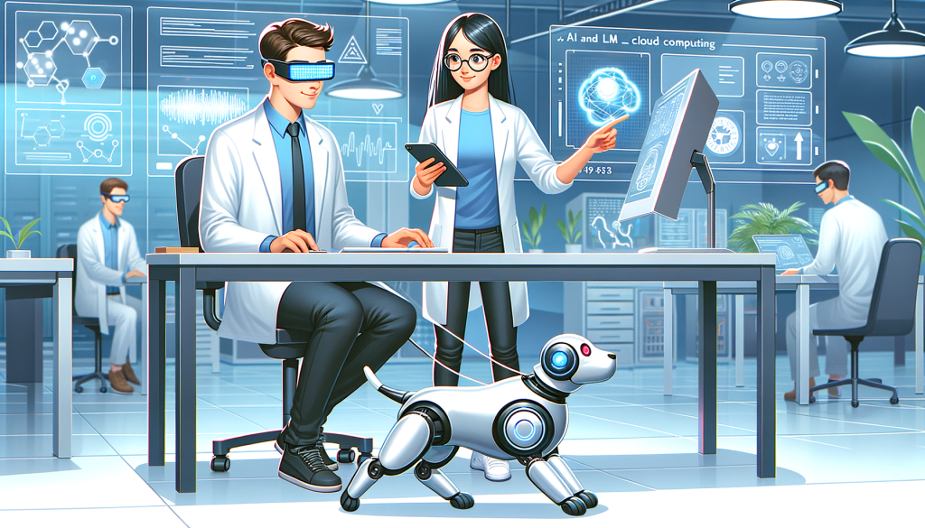 Illustrate a scene in a friendly and light style featuring two MIT researchers in a laboratory environment. Focus on a Caucasian male researcher wearing a pair of futuristic-looking smart glasses and a Black female researcher monitoring the operation from a computer. They are working together to operate a sleek, sci-fi-inspired robotic dog. This dog is shown fetching an object, showcasing a demonstration of its mind-controlled capabilities. Also include a modern looking smartphone displaying some sort of data or diagrams, symbolizing the AI and ML cloud computing that aids the process. The overall environment should reflect the excitement and innovation of emerging technologies.