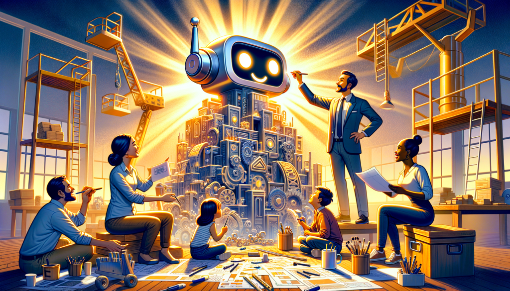 Create a vivid, 3:2 aspect ratio illustration in a playful, upbeat, and family-friendly style, recalling the joy and creativity of early 20th-century animation. Visualize a high-tech, friendly cartoon robot assistant guiding a group of diverse people. The group consists of an Asian woman, a Middle Eastern man, a Caucasian man, and a Black woman. They are all involved in building a towering edifice that transforms into an iconic corporate logo under their skillful guidance. This edifice represents their brand identity, created through strategic planning, creative explorations, and iterative design. The setting is a light, vast workspace filled with tools, blueprints, sketches, and models symbolizing the digital tool Midjourney. The light radiating from the emerging brand identity illuminates their determined faces, expressing the joy of creating a unique brand identity.