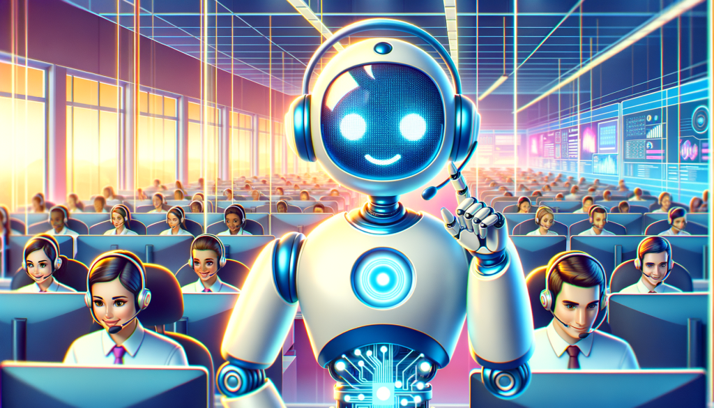 Create an image in a dynamic, cheerful and bright animated style portraying a customer service scenario set in a contact center. In the center, show a friendly and helpful robot assistant, interacting with customers. Have the robot character exuding positivity, demonstrating efficiency and ease while handling multiple language queries. Alongside, show several contact center operators who are focused on their work showcasing a harmonious mix of automation and human creativity. Highlight how both technological advances and human expertise fuse to create a high-quality customer experience. Set this all against the visual backdrop of an advanced, bustling contact center environment.