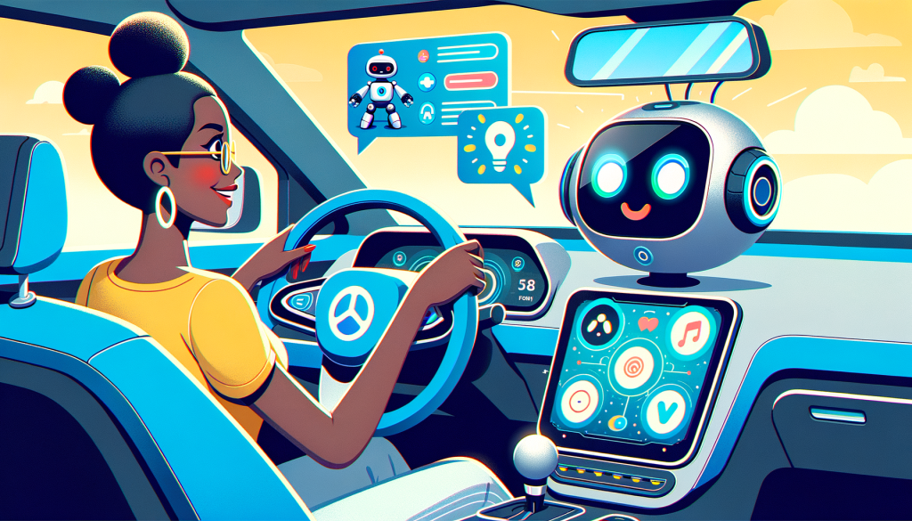Create an illustration for an article discussing a collaboration between TomTom and Microsoft to bring generative AI to automobiles. The image should be set in a 3:2 aspect ratio and use a cheerful and bright style. Depict a generic futuristic car with an integrated AI assistant in the dashboard, showing an interface with buttons for navigation, controls for onboard systems, and tasks reminders. Let's view a Black woman behind the driving wheel having a conversation with the AI assistant. To it's side, show an expressive, 3D stylized cute robot assistant character, meant to represent the AI. The scene should feel encouraging and progressive, demonstrating how AI helps in enhancing driving experiences. Please avoid specific branding or recognizable designs.