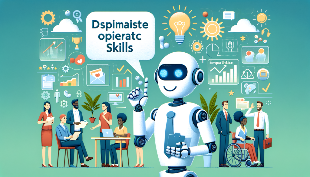 Create a 3:2 aspect ratio illustration that depicts the message from the article about the importance of diverse skills in the job market. The image should have a friendly, positive feel to it. In the foreground, consider including a humanoid optimistic robot as a character, which is prominently associated with artificial intelligence and STEM, demonstrating an interaction with human characters. Perhaps it could be trying to perform a creative or empathetic task but is somehow missing the human touch. Around this, depict humans of various descents and genders engaging in jobs that require face-to-face interaction, creativity, empathy, and managerial skills such as healthcare, hospitality, and leadership roles. The image should emphasise the contrast between the inherent human skills against the skills that can be achieved by robots.
