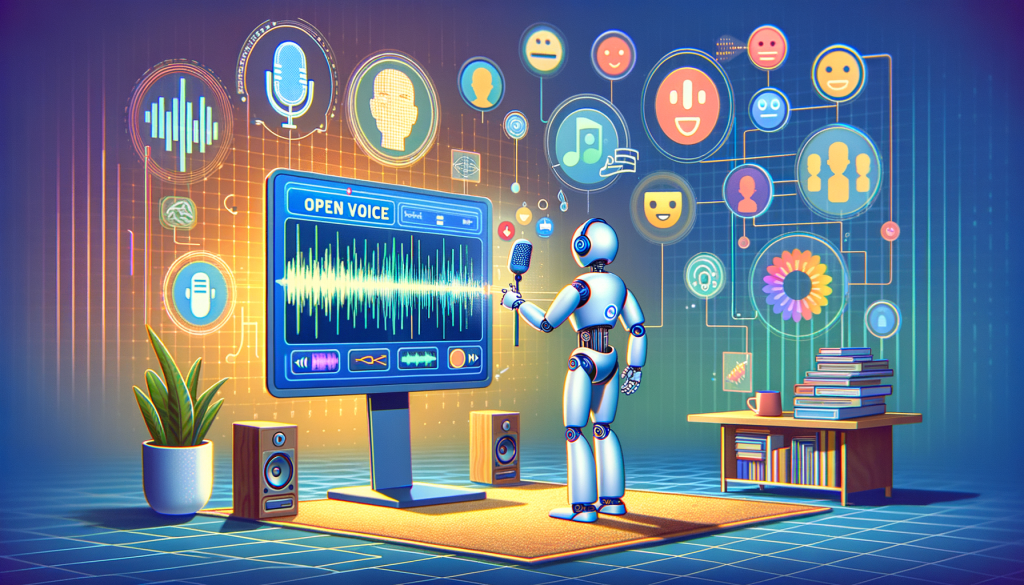 An illustration for a tech article about an open-source voice cloning solution called OpenVoice. The image captures a futuristic scene with a robot assistant standing by a computer screen displaying OpenVoice's interface. The robot is playfully mimicking different voices - changing its tone, emotion, accent, rhythm, pauses, and intonation. You can see a variety of waveforms and audio metrics on the screen. In the background, symbols of academic institutions and an AI-startup are visible, suggesting collaborative research. Farther in the background, there is an abstract representation of various speakers, whose voices are being cloned. The color palette is bright and optimistic, with the overall atmosphere being positive and cutting edge.