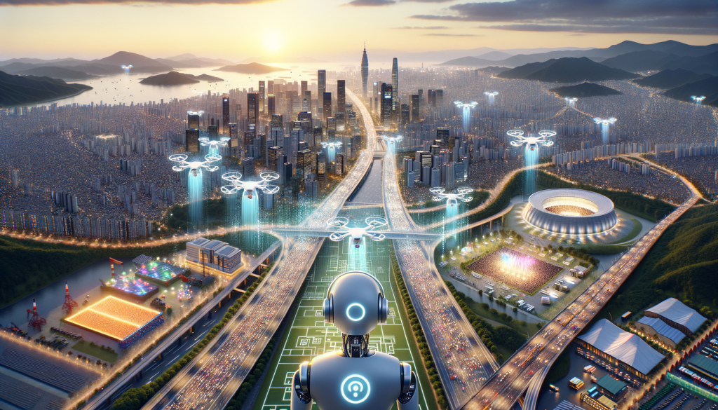 Create a 3:2 aspect ratio image showcasing a futuristic view of South Korea's cityscape from an elevated perspective. Include drones flying around 200 meters above the ground capturing footage of the city, including the streams of vehicles on the roads, and crowds at sites of public events like a fireworks festival. Depict an AI-character in the form of a benign, non-threatening robot, representative of the intelligence analyzing the footage. Show data streams connecting the robot and the drones. Also, weave in imagery of construction sites under inspection for compliance. Utilize a light and uplifting style representing the positive advancement of technology.