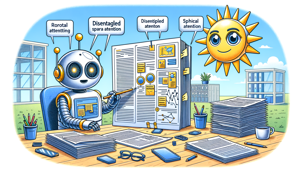 A sun-filled, cheerful drawing in cartoon style featuring a detailed, friendly robot assistant. The 3:2 aspect ratio image should show the robot busily examining and analyzing a complex business document in an office setting, with visual elements highlighting the structure and different segments of the document. The robot should be showcasing its 'disentangled spatial attention' by focusing on specific areas of the document. Scattered around are multiple documents with varying layouts and content types, indicating the ability of the assistant to deal with diverse documents. The scene should carry a positive vibe that reflects the innovation and efficiency brought about by the language model DocLLM.