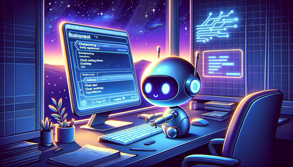 Illustration fitting for a 3:2 aspect ratio, suffused with gentle and optimistic tones. Hold focus on a cute small robot assistant character working tirelessly on a computer screen, its fingers dancing across the keys. The computer screen ideally showcases snippets of text that might infer 'ChatGPT' and 'business'. Neon signs of advanced software codes flicker in the background, hinting at neural networks. Let the scene be set in an office seen through a window which frames a beautiful night sky casting an ethereal glow. Instead of a traditional office, perhaps portray it as a futuristic, cybernetic setting