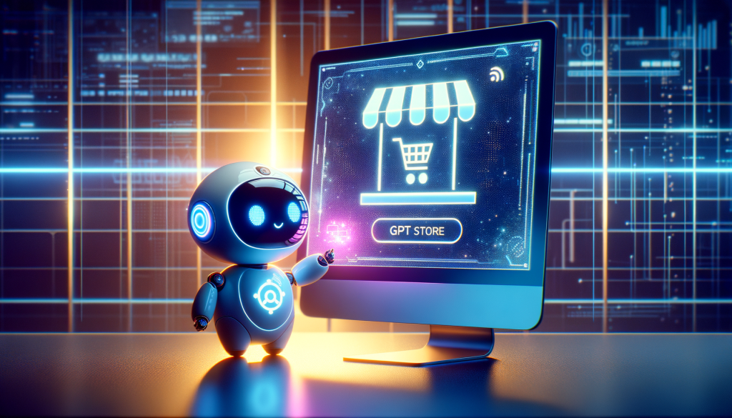 Create an illustration representing the opening of a digital store. The image should focus on an adorable, compact robotic assistant interacting with a futuristic, responsive neon-lit computer screen. The screen displays a storefront icon labeled 'OpenAI - GPT Store', signifying the innovative technology developed by OpenAI. This small robot's role is to aid users in creating, selling and sharing customized AI agents. Behind them, the night sky casts an ethereal glow through a large window. This depiction symbolizes the OpenAI GPT Store’s forthcoming arrival, promising advances in AI technology and unique opportunities for its users.