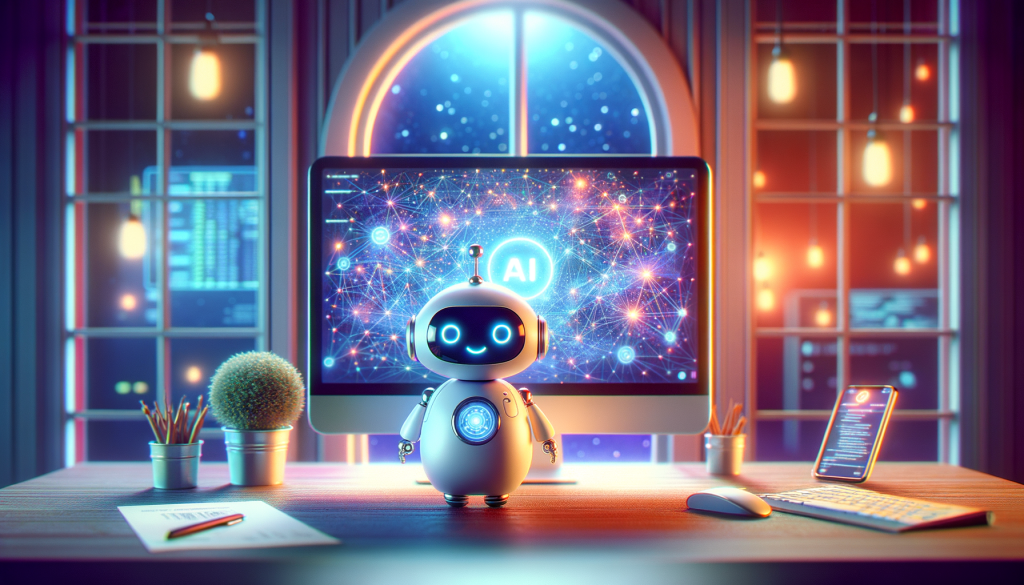 Illustrate a 3:2 ratio image in a positive and uplifting style reflecting the launch of a new AI Company. In the center, place a cute, small robot assistant character, holding the virtues of friendliness and efficiency. Imagine this scene taking place in a room with an ethereal nighttime glow coming through a window, setting a serene atmosphere. The room is filled with modern technology, specifically a vibrant computer screen displaying complex networks, suggesting the workings of artificial intelligence. On the monitor's screen, subtly incorporate the logo of a hypothetical AI company called 'Articul8'. Please avoid using recognizable styles from any post-1912 artists or studios.