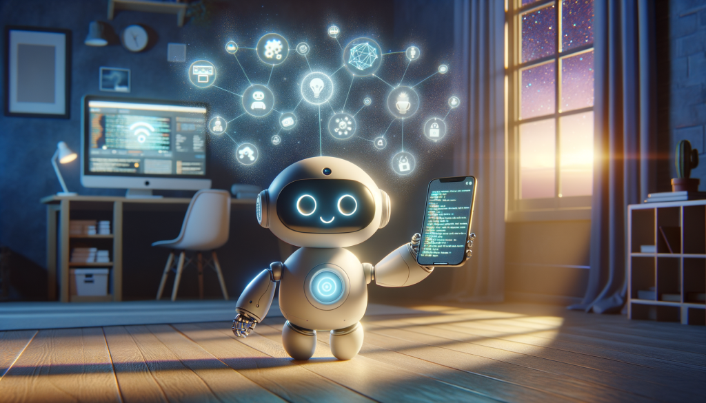 A light, positive scene depicting an animated, small, cute robot assistant against a background of a room lit up by the ethereal glow of a night sky visible through a window. In one claw-like hand, the robot holds a smartphone with a screen displaying lines of code representing neural networks. Around the robot, floating holographic images coming from the smartphone show different tasks it could accomplish. In a corner of the room, a computer screen shows a video with an overlay of a robotic arm in action. The scene is subtly tinged with the warm golden tones of dusk creeping in.
