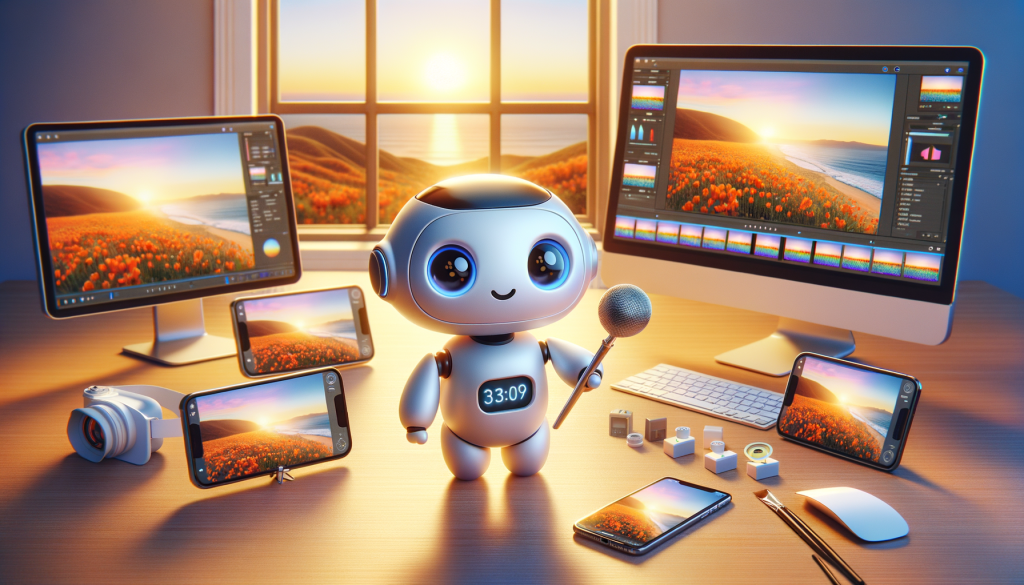 Create a cheerful illustration inspired by the digital age, in a 3:2 aspect ratio. The central image is a cute small robot assistant, with a friendly expression, engaged in video making. The setting is a softly-lit room during the golden hour, with the fading evening sky casting a warm glow through the window. In front of the robot, there are multiple screens - a smartphone and a computer - displaying images of 'California Poppies' and a 'Sunset on the Beach'. Subtle hints of neural networks suggest the functioning of AI. Absent is the influence of prominent logos or companies, focusing purely on the process of video creation through technology.