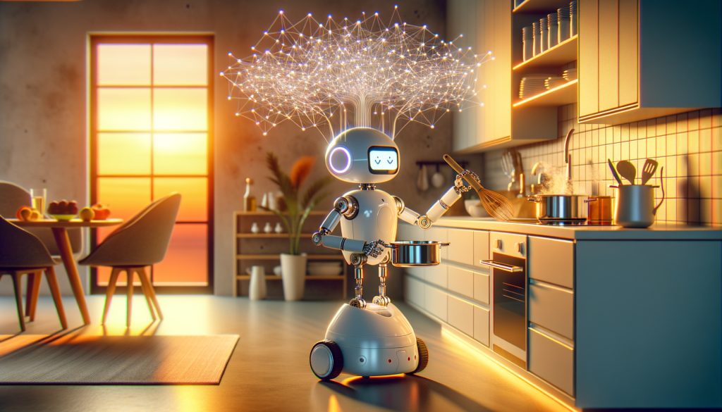 Create a digital illustration in a light, positive style and a 3:2 aspect ratio. The scene takes place in a modern, clean room during dusk with the golden hour casting a warm glow through the window. A small, adorable robot assistant is at the center of the illustration. It's similar to the Mobile ALOHA robot developed by Stanford researchers, equipped with two mechanical arms and mounted on a wheeled base. It's cooking a meal in the kitchen, simultaneously stirring a pot and washing dishes, reflecting tasks referred to in the article. The robot also uses a smartphone-like screen to display instructions or notifications, hinting at its AI capabilities. Above the robot, subtle lines and nodes subtly represent neural networks, illustrating the robot's AI learning process.