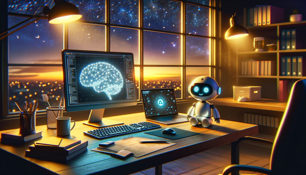 Create an illustration in 3:2 aspect ratio drawn in a positive, uplifting style. The scene is set inside a well-lit office at dusk, golden hour's light pouring in through the windows, casting a warm glow on all the objects. In the foreground, a small, friendly robot with human-like facial expressions sits on a modern, sleek desk next to a Windows PC with a keyboard that has a special key glowing differently, symbolizing the new Copilot AI button. The computer screen displays the interface of the aforementioned AI assistant. Evidence of neural networks can be subtly spread around the room in the form of intricate patterns, symbolizing the role of AI in modern computing. The night sky seen through the window adds a touch of ethereal beauty to the scene. There is no specific company logo in the scene.