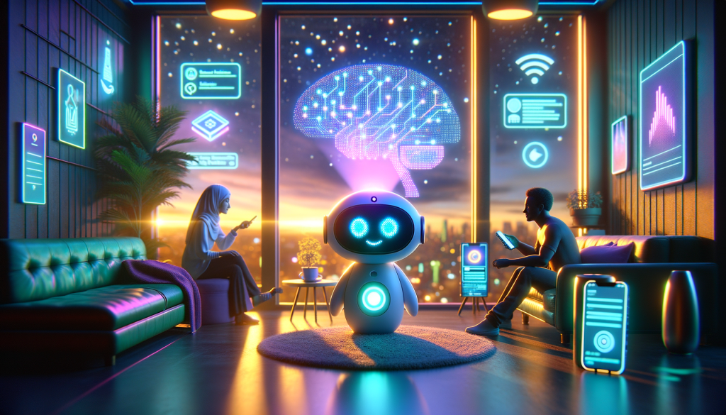 Illustrate a light and positive scene in a futuristic setting that is complemented by a beautiful dusk with golden rays peering through the window. Include a cute, small robot assistant character that resembles Amazon's Alexa in a neon cyberpunk environment. The robot is interacting with a variety of people - a Middle-Eastern female, a Black male and a South Asian male, who are all enjoying the advanced features of the smart system. The night sky casts an ethereal glow in the room, underlining a sense of tranquility within the advanced space. The robot is illuminating neural networks, signifying the high-end AI technology it encompasses. In the foreground, present a smartphone screen showcasing the logo of the newly released 'Explore with Alexa' feature, subtly hinting at the evolving realm of AI technology. Bear in mind, the aspect ratio should be 3:2.