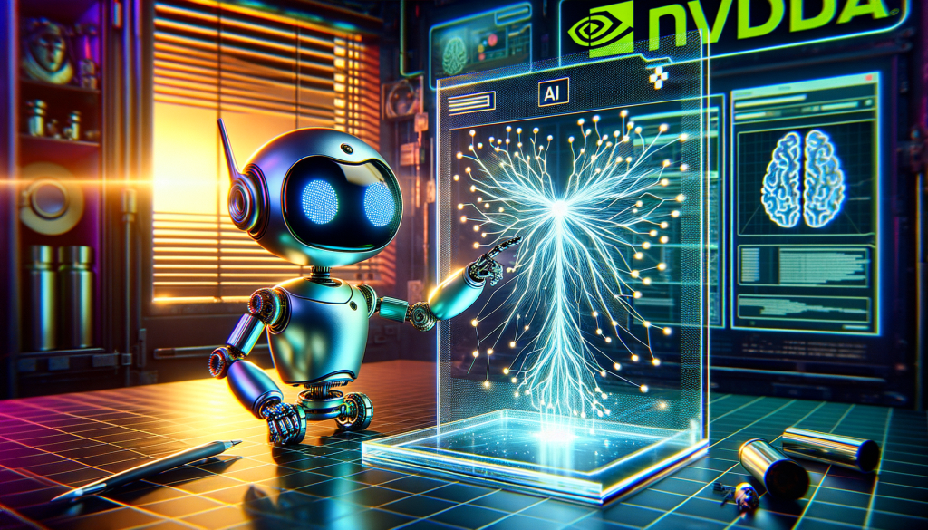 Generate an endearing, mini robotic assistant, highly detailed and designed in a style that evokes a delightful, animated sense of charm. Set the backdrop in a neon-tinged cyberpunk setting, an elements of the 21st century digital society. Have twilight cast a golden glow through a nearby window, subtly indicating the golden hour. The robot is attending to a shimmering, hi-tech transparent screen, like a contemporary interpretation of a computer. On the screen, the neural network diagram branching illustrating the AI processing at work. Also subtly woven into the composition, insinuate the logos of Nvidia and Getty images, but ensure to craft it in a way that it looks like an element of this digital world rather than stating as a logo, blending seamlessly into the rest of the scene.