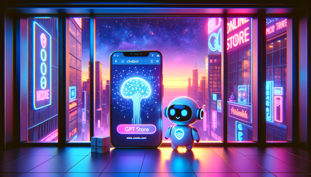 Generate a positive, light-themed digital artwork in a 3:2 aspect ratio. The scene takes place in a neon cyberpunk setting during dusk. The sky casts an ethereal glow through the window, highlighting an adorable small robot assistant character standing near it. The robot is holding a smartphone that features an open online store screen, with a distinct logo that reads 'GPT Store'. A visible neural network is displayed on the screen, indicating complex processes taking place. The artwork reflects the subject of sharing custom chatbots and should use a semi-realistic, colorful style evocative of imaginative animated films.