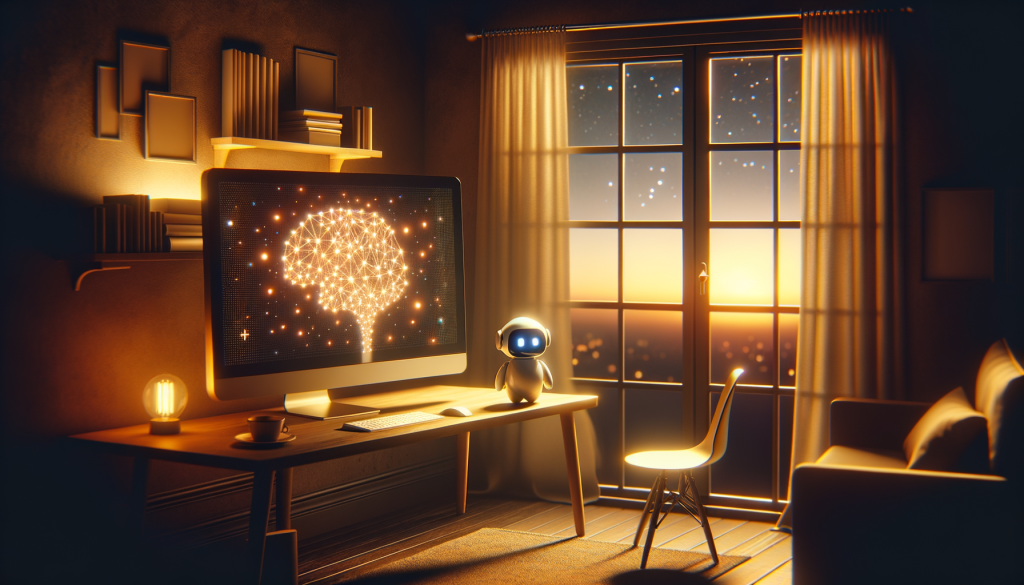 Create a warm image in a 3:2 aspect ratio detailing a cozy room in the dusk at golden hour. In this room, reveal a modern workspace showcasing a sleek computer screen with visible, abstract representations of neural networks. Next to the computer, a cute, small robot assistant is attentively observing the screen displaying the neural networks. Outside the window, the night sky casts a minimal, ethereal glow, subtly illuminating the room further. The entire scene reflects positivity and the promise of an efficient, technologically-advanced future.