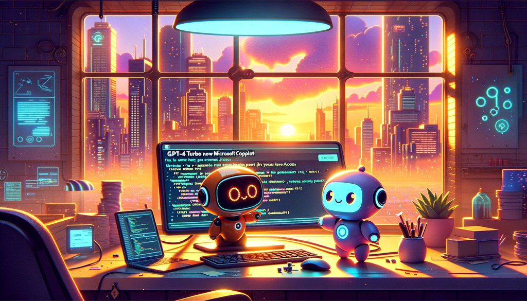 Create an illustration capturing the essence of the article titled 'GPT-4 Turbo now powers Microsoft Copilot. Here’s how to check if you have access'. The illustration should portray a positive and light environment where a cute small robot assistant is interacting with the neon cyberpunk setting. This scenery takes place during golden hour dusk, the sky casting an ethereal glow through the large window in the background. The robot assistant is seen to be helping a user on a computer screen which has visible source code and the label 'gpt4t'. The overall style should be similar to light-hearted animation with simplistic shapes and bright, saturated colors.