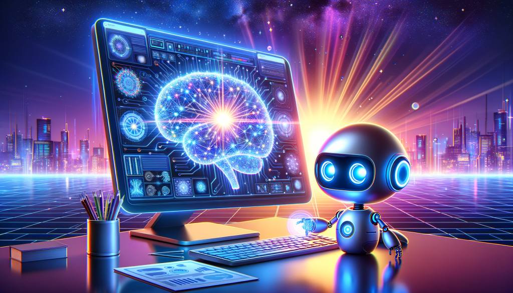 Illustrate a scene demonstrating the transformative power of Midjourney AI in digital marketing. The setting is a vibrant and innovative virtual space glowing under a radiant dusk sky, symbolizing the cutting-edge techno-futuristic aspect of artificial intelligence. In the foreground, a cute little robot assistant is operating a large holographic computer screen that shows intricate neural networks and graphical data. With its endearing, Pixar-esque design, the robot adds a light, positive touch to the complex realm of AI. The Midjourney AI logo shines brilliantly in a corner, indicating the driving force behind this transformative scenario.