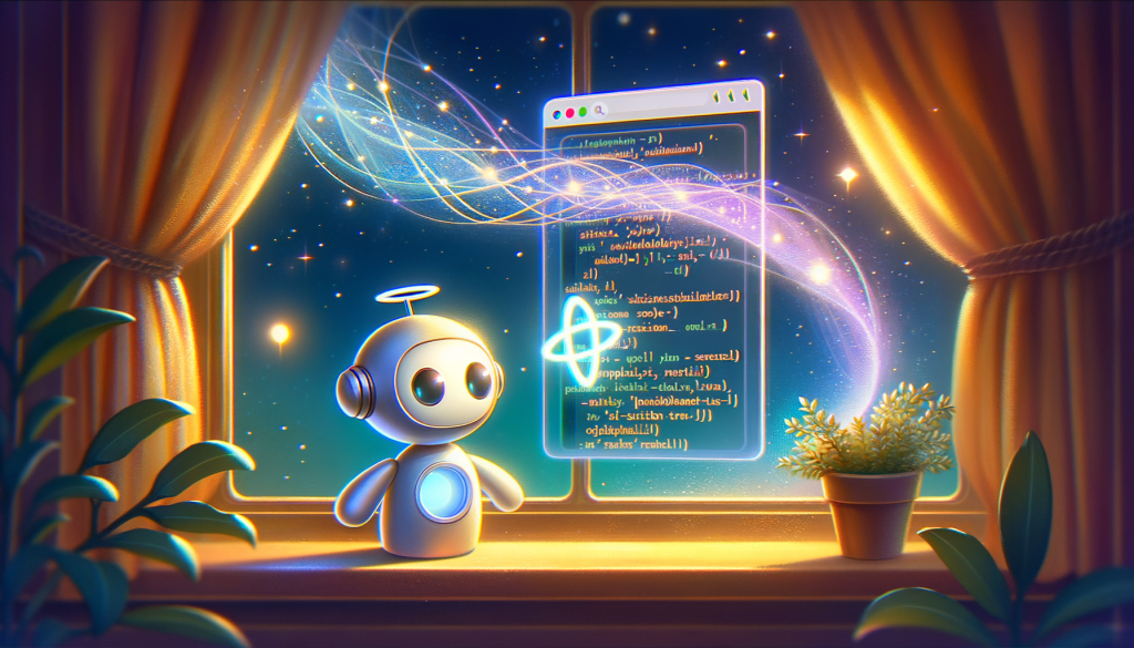 Imagine a bright and hopeful illustration, adopting a charming, light-hearted animation style. At the center, portray a whimsical tiny robot assistant representing the innovativeness of AI search engines. The little robot is looking at a vibrant computer screen that displays some code, referencing the open source software that companies like Perplexity are using. Above the screen, a symbol represents Perplexity. The backdrop should be a night setting with a soft ethereal glow coming through a window, symbolizing the 'golden hour' of AI developments. Furthermore, show abstract neural network connections swooping across the scene. This is an illustration for an article about the progressive AI search engine, Perplexity and its use of open-source software, its own search index, and unique search rank mechanism.