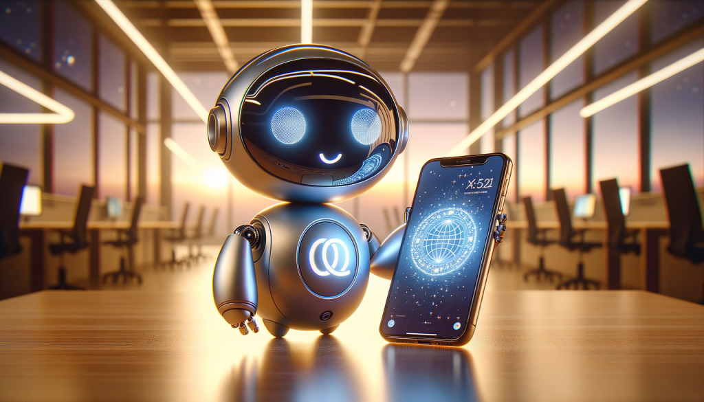 Create an image in a 3:2 aspect ratio showcasing a positive and light surreal style. The focal point is a small, adorable robotic assistant, modeled somewhat like a silicon-based neural network, holding a smartphone. The device's screen displays a stylized logo of an abstract company, subtly hinting at global outreach. In the background, infuse a sci-fi touch by featuring an ethereal glow seeping through a window, representing the night sky. The setting is inside an office environment during the golden hour, creating a warm and inviting ambiance. Don't incorporate any elements that could directly hint at job cuts or financial distress.