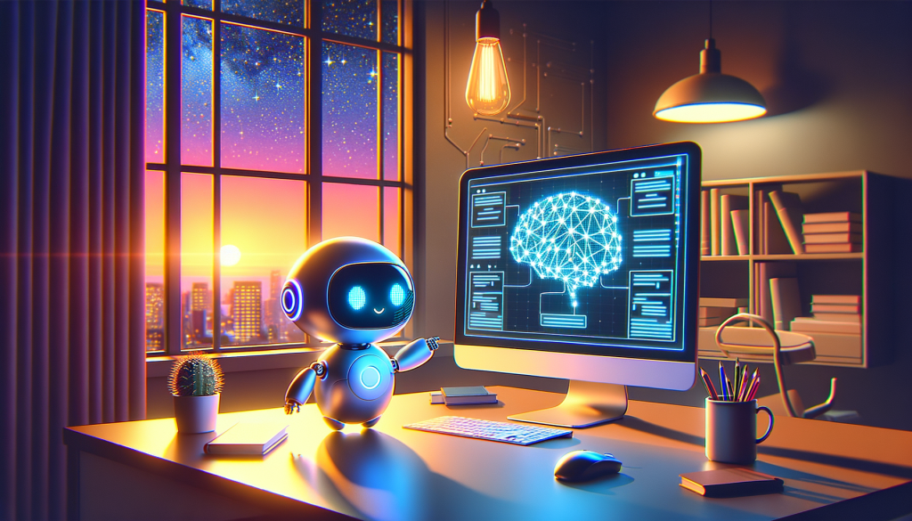 Create an illustration reflecting the innovative merger of artificial intelligence and science. In the forefront, design a cute, small robot assistant character interacting with a computer screen exhibiting a simplified graphical display of neural networks. The robot should be situated in a minimalist and modern interior environment instead of neon cyberpunk setting. Through a nearby window, the last light of the golden hour beautifully illuminates the room while the early stars of the night sky start to make an appearance. Let's avoid adding any specific company or product logo. The image should be in a 3:2 aspect ratio, with a touch of positive and light-hearted graphic style, to articulate the joy of exploration.