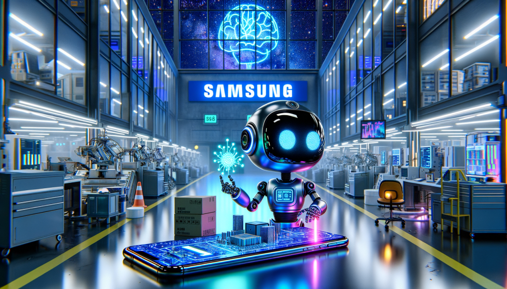Imagine a futuristic scene inspired by neon cyberpunk settings. Centred in the frame is a cute, small robot assistant character, diligently working on an AI-controlled chip manufacturing process against the backdrop of a Samsung semiconductor factory. This robot is not human-like but brims with personality, lights reflecting off its sleek and shiny metal body. Out a large window in the background, the night sky casts an ethereal glow illuminating the factory, accentuating the glow from the machinery. On the top corner, visible within the frame, there's a smartphone screen displaying complex neural networks, symbolizing the AI driving the factory. Please exclude any product or company logos.