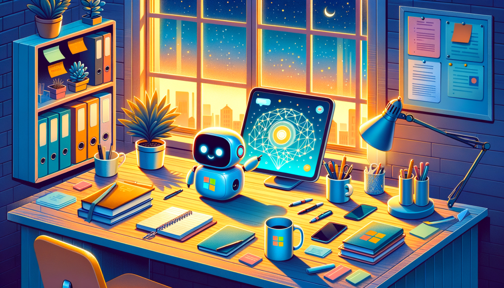 An illustration in a cheerful, vibrant style. In the scene, a cute, small, cube-shaped robot assistant stands on a desk surrounded by small business environments, neatly organized with notebooks, pens, mugs, and various kinds of office stationery. The robot is depicted interacting with a touchscreen device, showcasing the screen's bright glow that has a design indicative of neural networks. In the device, there's a hint of the Microsoft brand logo, subtly suggesting the involvement of a company mentioned. The room has large windows through which the dusk's golden hour light gently illuminates the interior. Beyond the window, a creamy flourish of night sky sends a soft ethereal glow into the room.