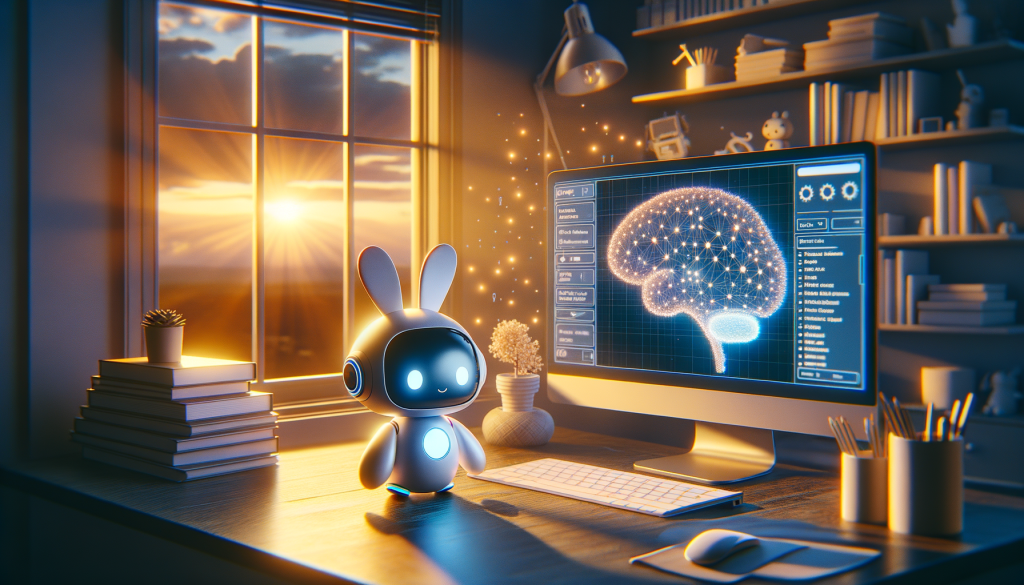 Create an image in a 3:2 aspect ratio, showcasing a cute small robot assistant (Rabbit R1) set within a room during golden hour. The night sky and sun's light cast an ethereal glow through the window, illuminating the interior of the room. The Rabbit R1 robot is nestled among an array of neural network illustrations trailing from a desktop computer screen. On the screen there is clear evidence of a Large Action Model being used. Please use a stylized, optimistic illustration technique that would bring cheer and warmth to the heart. Do not include any specific company or product logos.
