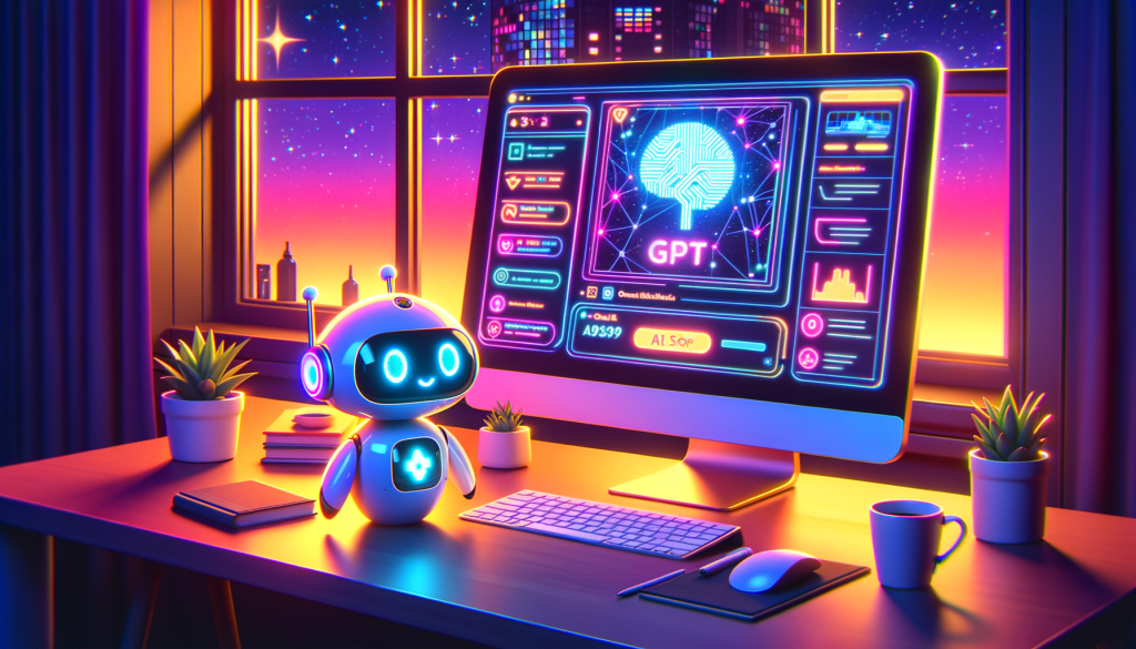 Create a lively digital illustration in 3:2 aspect ratio capturing the future of AI technology, with a primary focus on the GPT store. To reflect the cutting-edge technology in a positive setting, picture a small, cute robot assistant with neon details, reminiscent of a youth-friendly setting. The character is interacting with a computer screen, showcasing a relevant interface or logo suggesting the OpenAI's GPT Store. Place this scene in a room at dusk, with vibrant hues from a golden hour casting a warm glow and the window framing a subtly radiant night sky. The neon elements can hint at a connection with neural networks or a cyberpunk influence without going full cyberpunk. Capture the essence of the personalized AI era in a lighthearted and intriguing style.