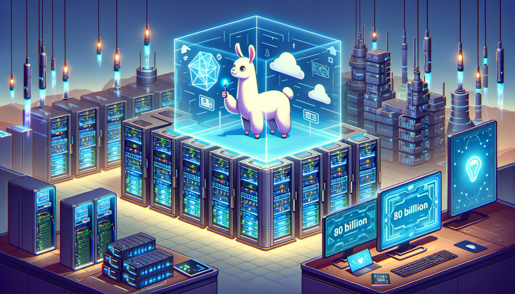 Craft an illustration featuring an optimistic atmosphere, with an animated style suitable for a wide audience. The scene is in 3:2 aspect ratio and depicts a large data center with numerous computer servers, representing the cloud infrastructure of a major technology company. The servers are powered by a multitude of hardware components, denoted by small symbols indicating '80 billion transistors'. A gigantic holographic screen in the foreground demonstrates the simulation of an advanced AI model, manifested as a playful llama character engaged in solving complex problems. Off to the side, a pair of smart glasses rests on a table, indicating the innovation in technology. The general mood of the image should convey a pioneering spirit in the realms of artificial intelligence and virtual reality.