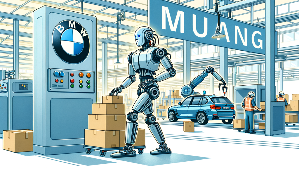 Create a 3:2 aspect ratio illustration that displays a humanoid robot, labeled as Figure 01, inside a bright, light-toned modern manufacturing facility. The robot is shown performing standard manufacturing tasks like lifting boxes and undertaking pick and place tasks. The key feature of the robot is its highly dexterous, human-like hands, busy at work displaying intricate maneuvering of objects. The robot also has noticeable, functional legs which assist in its movements. Show the robot positioned in front of a large sign that reads 'BMW' to show the connection. This image is created in a cheerful and informal, cartoony style which resembles much older animations generally seen before the 20th century.