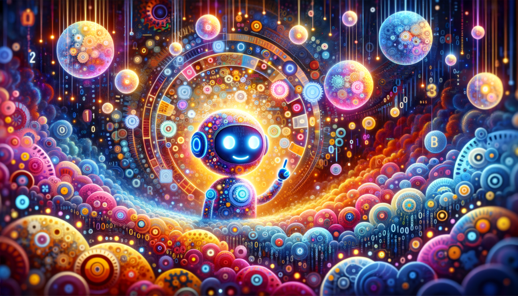 Generate an image in a positive and light style that conveys the theme of the article titled: 'New Theory Suggests Chatbots Can Understand Text'. Show a vibrant scene of an abstract virtual environment, hinting at the inner workings of artificial intelligence. The scene should be filled with representative elements like gears and binary codes, subtly morphing and shifting as they process vast amount of information. Include the visualization of an AI chatbot, embodied as a friendly, bright, and engaging figure, learning and adapting within this environment. It is interacting with bubbles of text, with some showing unexpected combinations of words, to depict the ability of processing multiple skills. Keep the aspect ratio at 3:2.