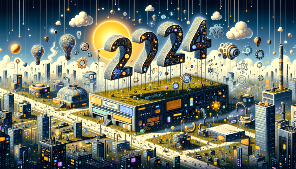 Illustrate a horizontal (3:2 aspect ratio) image in a light, positive, and whimsical style. The scene captures the concept of technological advancement and challenges, representing the context of the article. Depict a giant, stylized 2024 number made of glowing, futuristic tech elements floating above a vast, digital landscape. In the landscape, integrate symbols of knowledge, learning, and creativity, such as abstract representations of books, light bulbs, and gears. Some parts of the landscape are flourishing, showcasing thriving businesses and sophisticated devices. However, other parts appear somewhat neglected, with signs of layoffs and competition – represented by abandoned buildings or shrinking establishments next to flourishing ones. Highlight the competition with a cloud formation in the shape of a rival tech giant's building, slightly overshadowing the Google landscape. Also, subtly integrate AI-related spam, perhaps as undesired digital artifacts or glitches in the landscape.