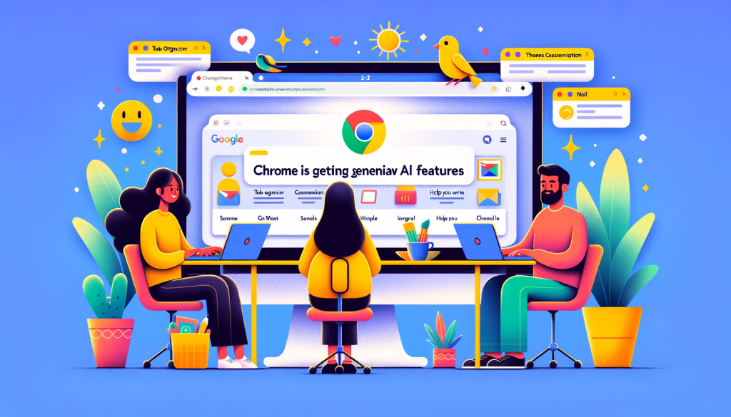Create an image in a 3:2 aspect ratio that illustrates the article titled 'Chrome is getting 3 new generative AI features'. The image should depict a positive and light scene of people using their computers, enchanted by the new AI features on their Chrome browsers. Show the interface of the Chrome browser highlighting features like Tab Organizer, themes customization, and 'Help me write' option. Make sure to show diverse individuals, such as a Middle-Eastern woman and a Caucasian male, using these features on Macs and Windows PCs. Give the overall style a whimsical, animation-inspired look with bright, bold colors to evoke a playful mood.
