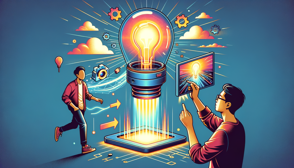 Illustrate an image in the 3:2 aspect ratio depicting the concept of Lumiere, a high-tech algorithm transforming still images into dynamic and realistic videos. Show a user uploading a picture into an Abstract futuristic device, and then portray the device transforming this picture into a vibrant and breath-taking video. The device should emanate beams of glowing light, symbolizing the diffusion process over time. The user can be an Asian male tech enthusiast, engrossed and fascinated by the process. The color palette should be positive and light, reflecting an optimistic outlook towards this revolutionary technology.