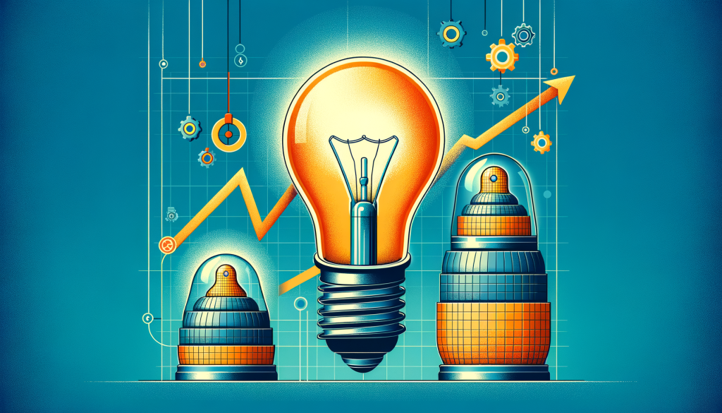 Create a vibrant, optimistic, and high-definition illustration for an article with the aspect ratio of 3:2. The theme should be about technological innovation and progress. Features- A lightbulb symbolizing ideas and innovation, a graphical representation of prices going downwards, and a stack of models opening like nested Russian dolls symbolizing the release of newer and enhanced versions. These elements are arranged together in a manner that represents a drop in prices and the unveiling of improved AI models. Use a minimalistic and simple design language similar to what you would see in animated films before the year 1912.