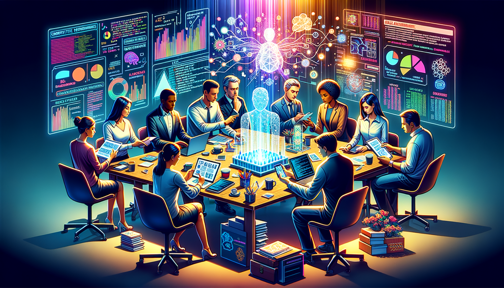 Create a colorful 3:2 aspect ratio illustration symbolizing a healthy competitive environment in the field of artificial intelligence. Depict a diverse group of individuals collaborating around a table. This group includes a Hispanic woman, a Black man, a Caucasian man, a Middle-Eastern woman, a South Asian woman, and a White man. On the table, there are various AI-related items: a digital tablet with a blueprint of a robot, multiple screens displaying lines of coded language, a model of a neural network, and stacks of documents about investment agreements and partnerships. Some of the group members are in discussion, while others are engrossed in the documents at hand. Light streams from a source outside the frame, illuminating the room, symbolizing the 'shedding of light' on AI matters.