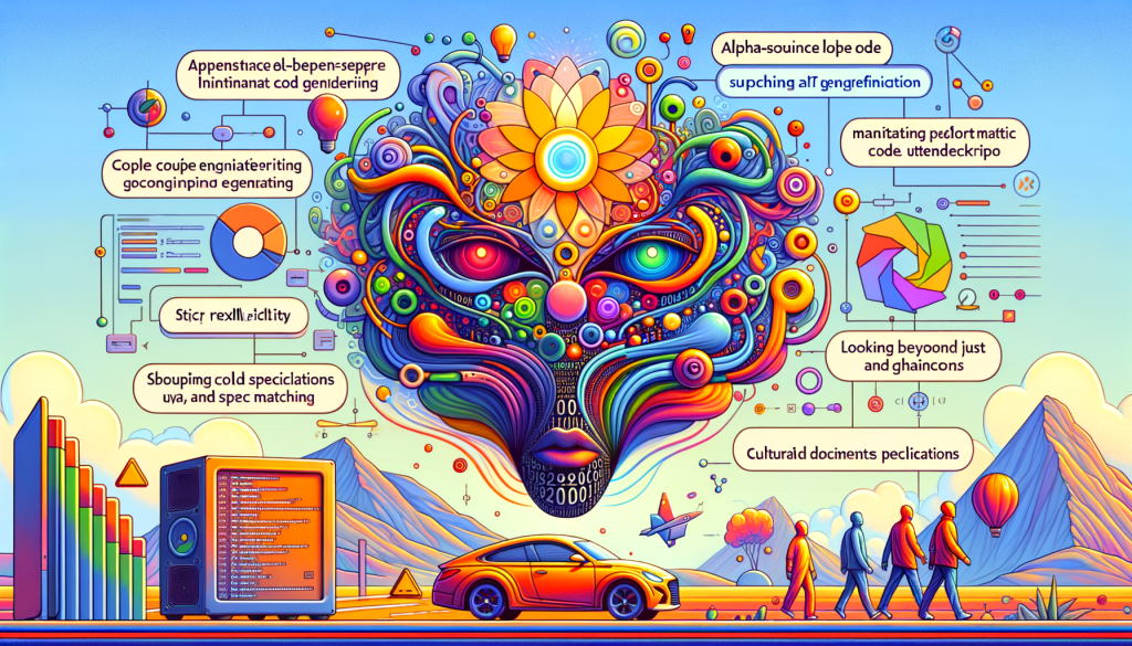 Create a light and positive digital illustration in a 3:2 aspect ratio which illustrates the concept of an open-source AI tool, AlphaCodium, surpassing Google DeepMind's AlphaCode in code generation. The visual narrative includes elements like a symbolic representation of abstract AI architecture, an iterative flow engineering method, and AI generating code. Also depict the process of maintaining code integrity through the means of testing, reflection, and spec matching. Finally, suggest the idea of looking beyond just specifications to consider cultural documents and guidelines. Avoid direct references to Pixar style, instead capture a friendly, rounded and vibrant style.