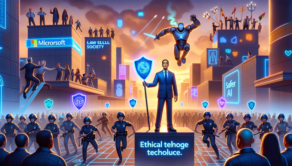 Create an illustration that depicts a symbolic battle between AI misuse and ethical technology. The action should be set in a digital landscape, with prominent structures symbolizing leading tech platforms, while law enforcement and society figures as diverse characters working together. In the forefront, have a figure representing Microsoft's CEO, identifiable by his Indian descent and male gender, standing confidently, advocating for safer AI practices, symbolized by glowing shields against threats. The style should show creativity akin to Pixar's 3D animation, but not replicate it directly. The image should foster a positive and light mood, showing the fight for progress in a hopeful light. 3:2 aspect ratio.