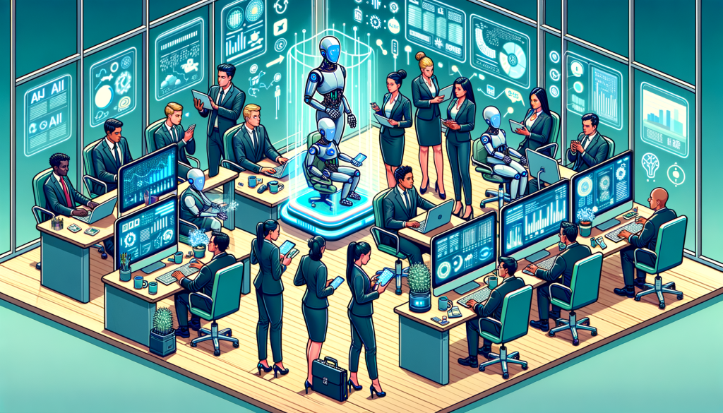 Illustrate an image in a cartoonish, vivid, and detailed style but not a named one, which represents the rising demand for AI executives in corporate America as highlighted in the given article. Picture a busy corporate office with multiple employees engrossed in their work on high-tech gadgets. A few of these employees are a Hispanic and Middle-Eastern male, blonde Caucasian and Black females, all in executive suits. They are huddled around an AI-powered holographic interface displaying various charts and statistics. On the interface, subtly illustrate various fields such as healthcare, finance, and furniture to signify industries embracing AI. Also, show AI robots assisting executives, hinting at the integration of AI in various job roles. Ensure a 3:2 aspect ratio for the image.